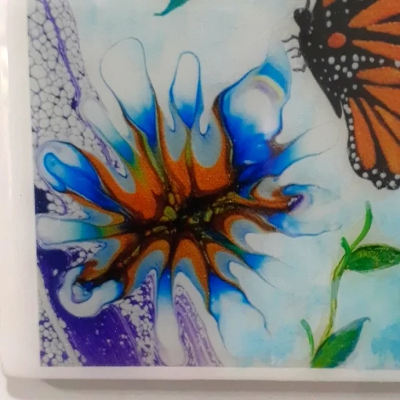 Hand Crafted Framed Butterfly Coaster Ceramic Tile Resin Fluid Wall Art Painting